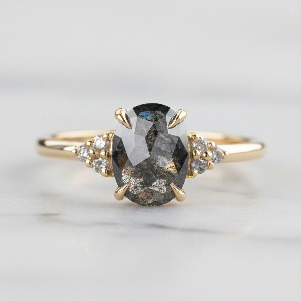 Fancy Salt and Pepper Oval Rose Cut Diamond Enganement Ring 14K Rose Gold Shree Diamond Mfg